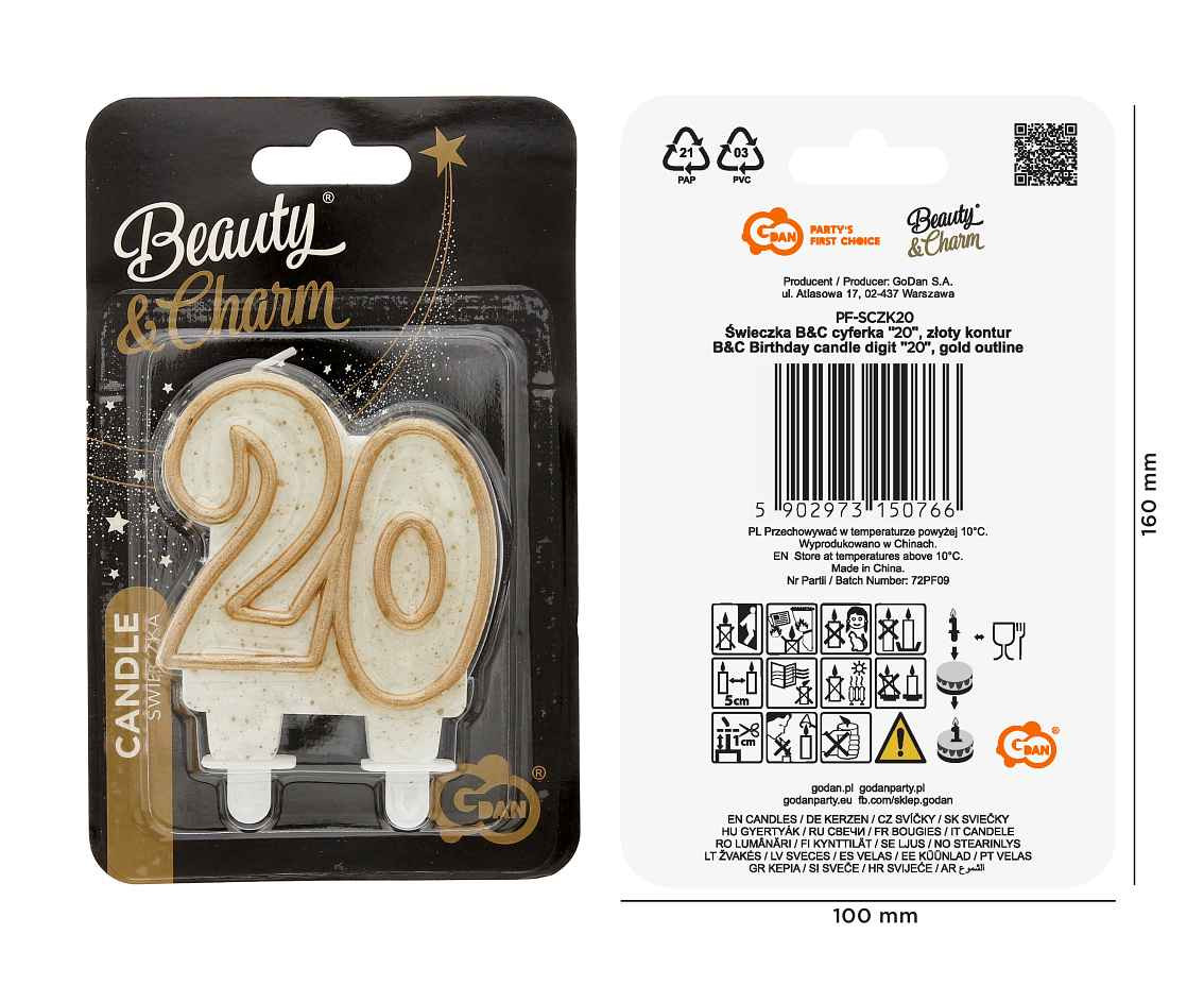 B&C number candle - 20, gold outline, 8 cm